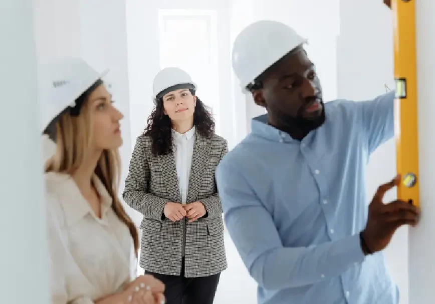 Three professionals in hard hats discussing a project on a construction site.